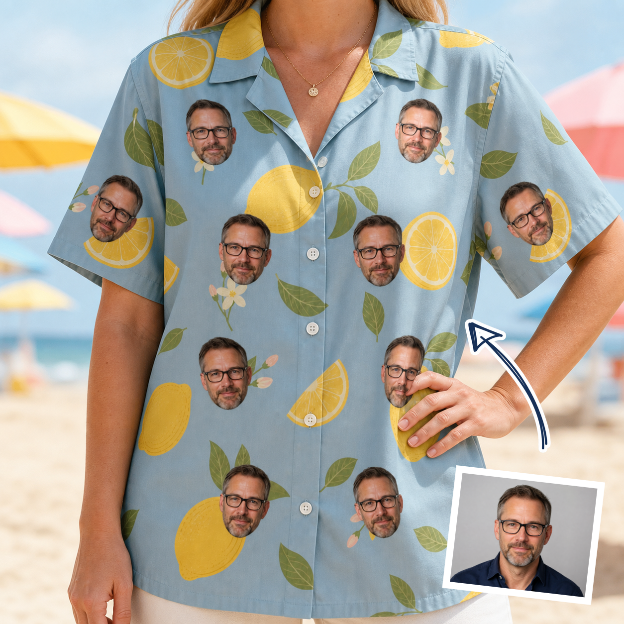 Woman wearing Women's Zesty Zigzags Custom Face Hawaiian Shirt — custom faces printed all-over