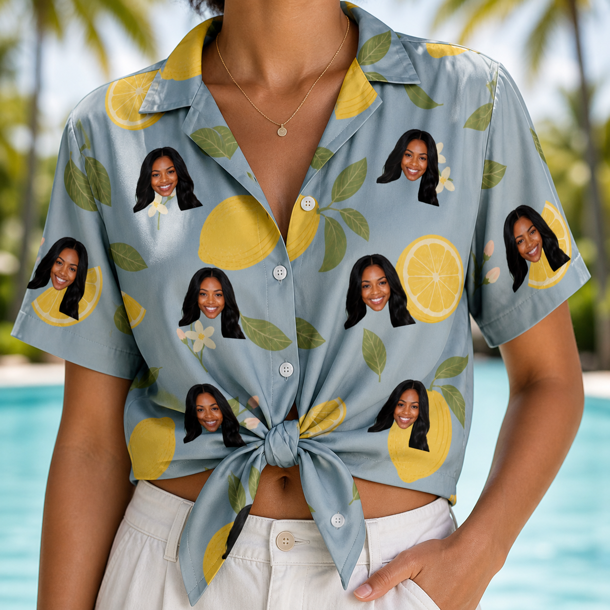 Woman wearing Women's Zesty Zigzags Custom Face Hawaiian Shirt tied at the waist