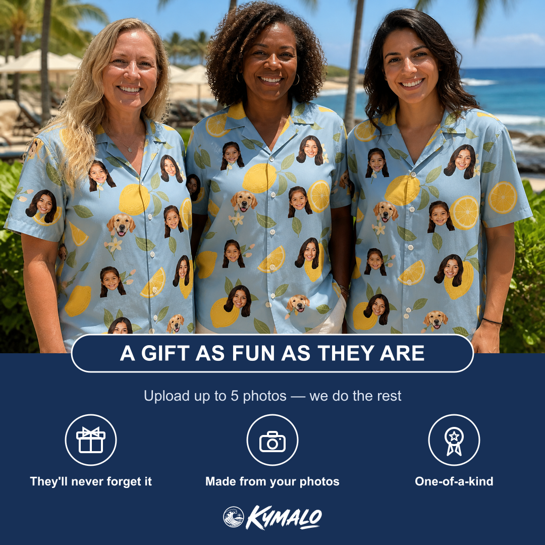 Friends in matching Women's Zesty Zigzags Custom Face Hawaiian Shirt — a group gift photo