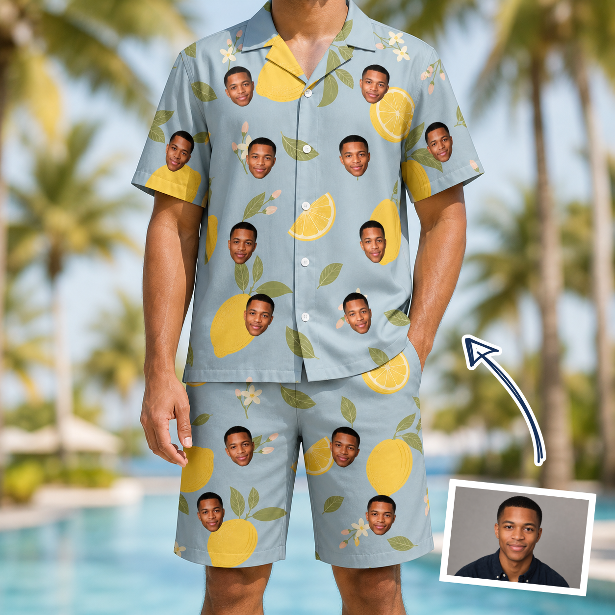 Man wearing Men's Zesty Zigzags Custom Face Shirt & Shorts Set — custom faces printed all-over