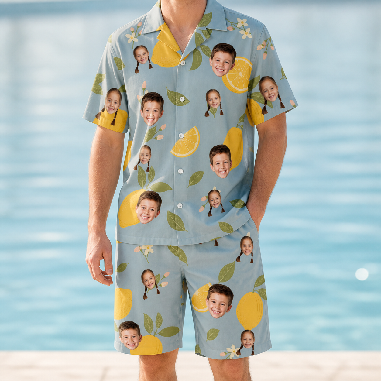 Model wearing Men's Zesty Zigzags Custom Face Shirt & Shorts Set printed with kids' faces