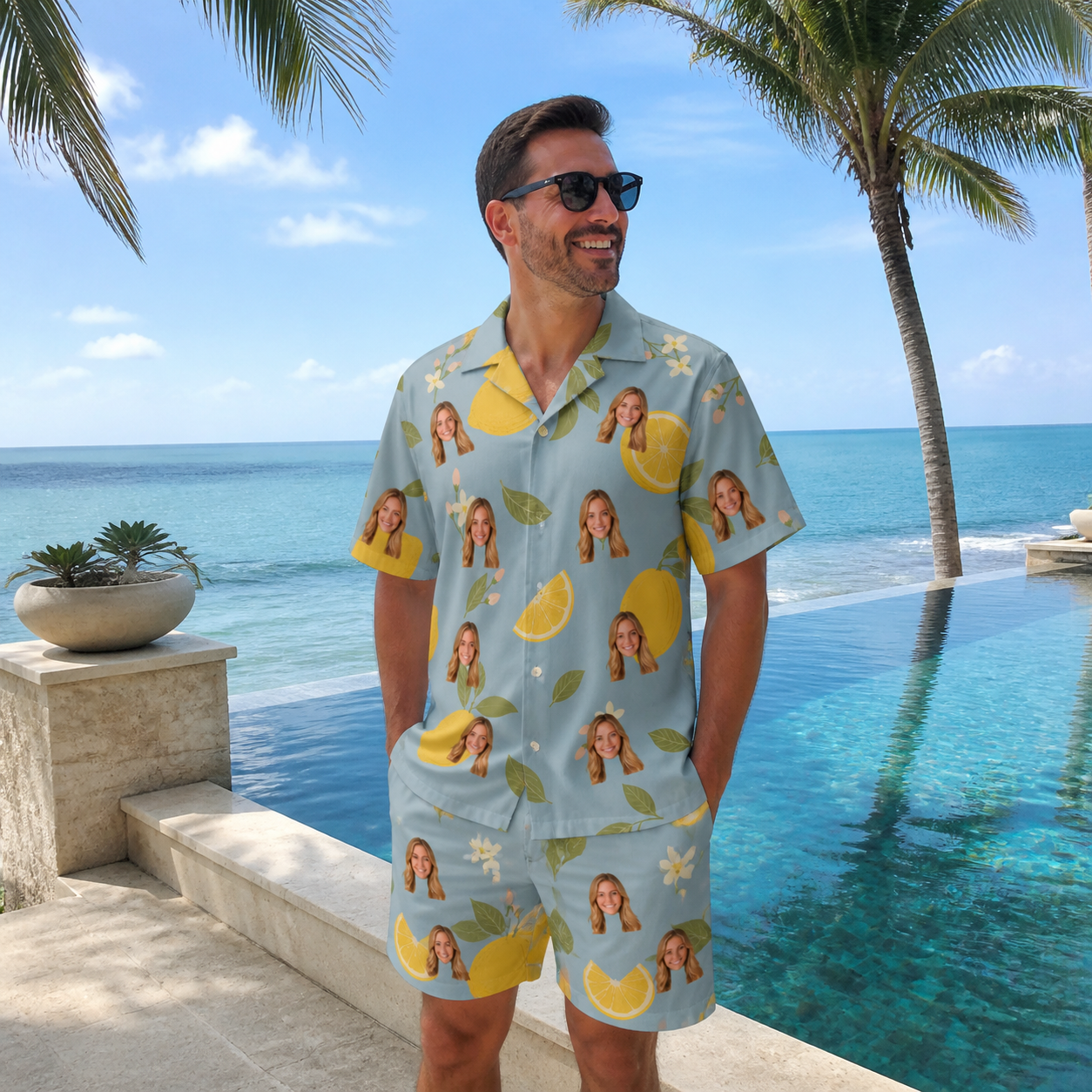 Real-life photo of someone wearing Men's Zesty Zigzags Custom Face Shirt & Shorts Set — custom faces printed all-over