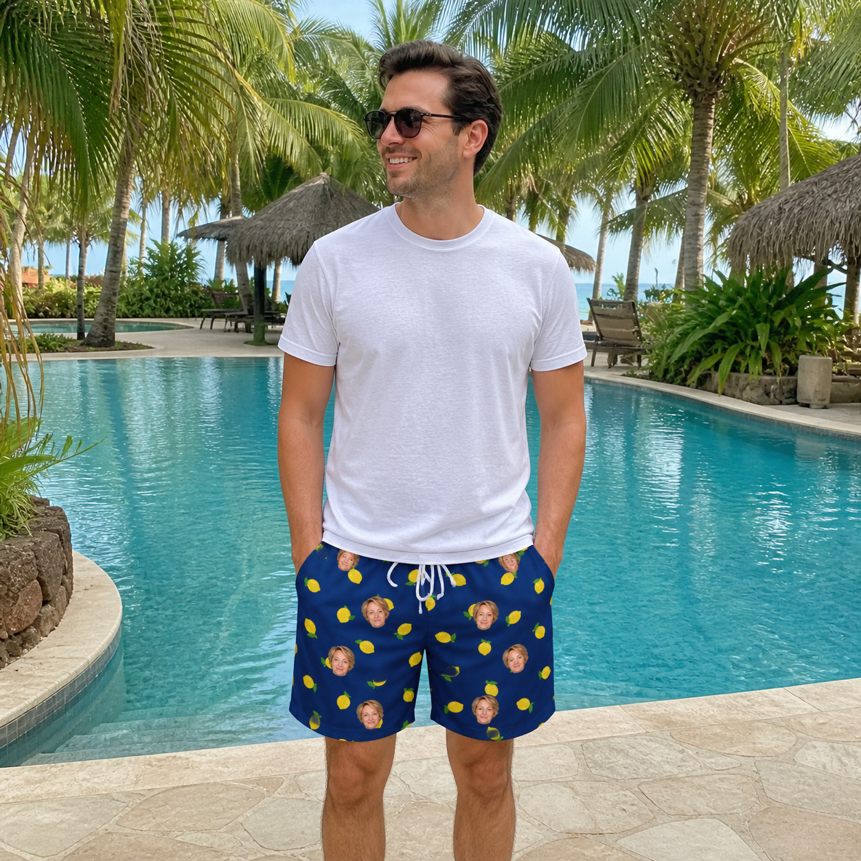 Real-life photo of someone wearing Men's Lemon Lilt Custom Face Beach Shorts — custom faces printed all-over