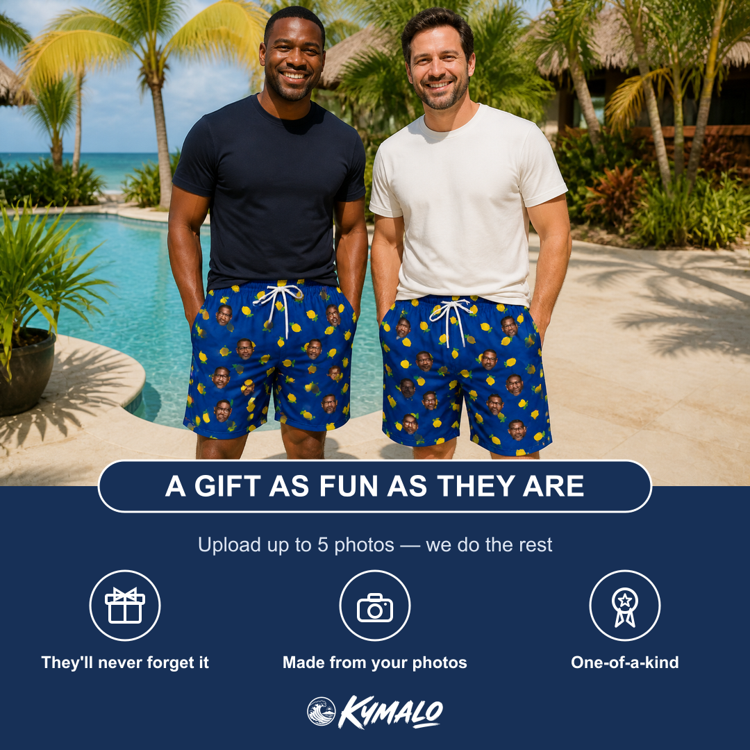 Friends in matching Men's Lemon Lilt Custom Face Beach Shorts — a group gift photo