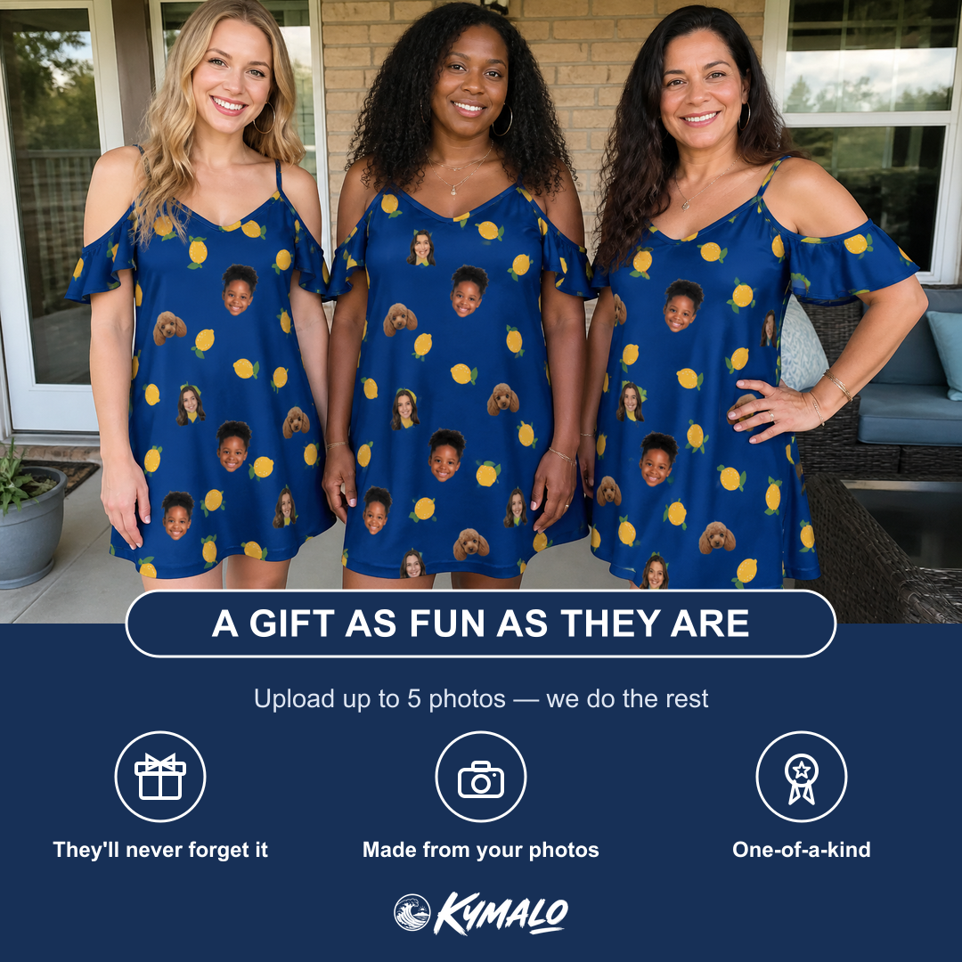 Friends in matching Women's Lemon Lilt Custom Face Off-Shoulder Dress — a group gift photo