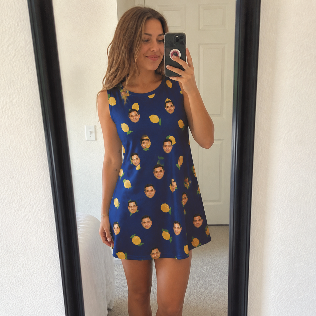 Real-life photo of someone wearing Women's Lemon Lilt Custom Face Tank Dress — custom faces printed all-over