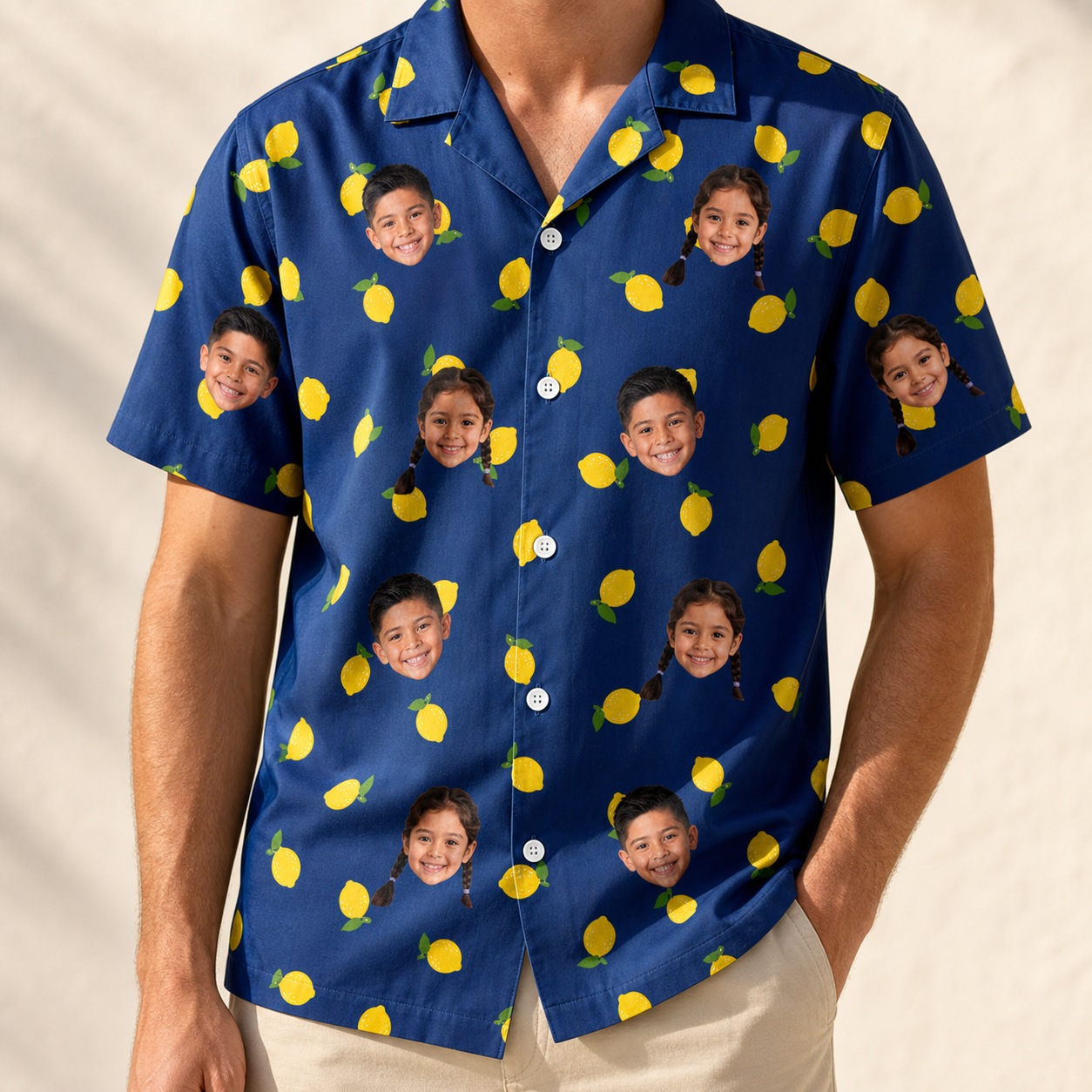 Model wearing Men's Lemon Lilt Custom Face Hawaiian Shirt printed with kids' faces