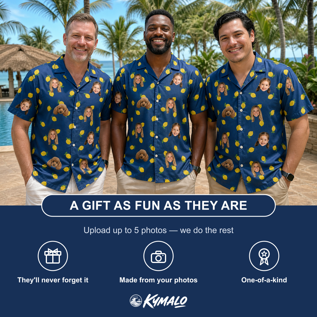 Friends in matching Men's Lemon Lilt Custom Face Hawaiian Shirt — a group gift photo