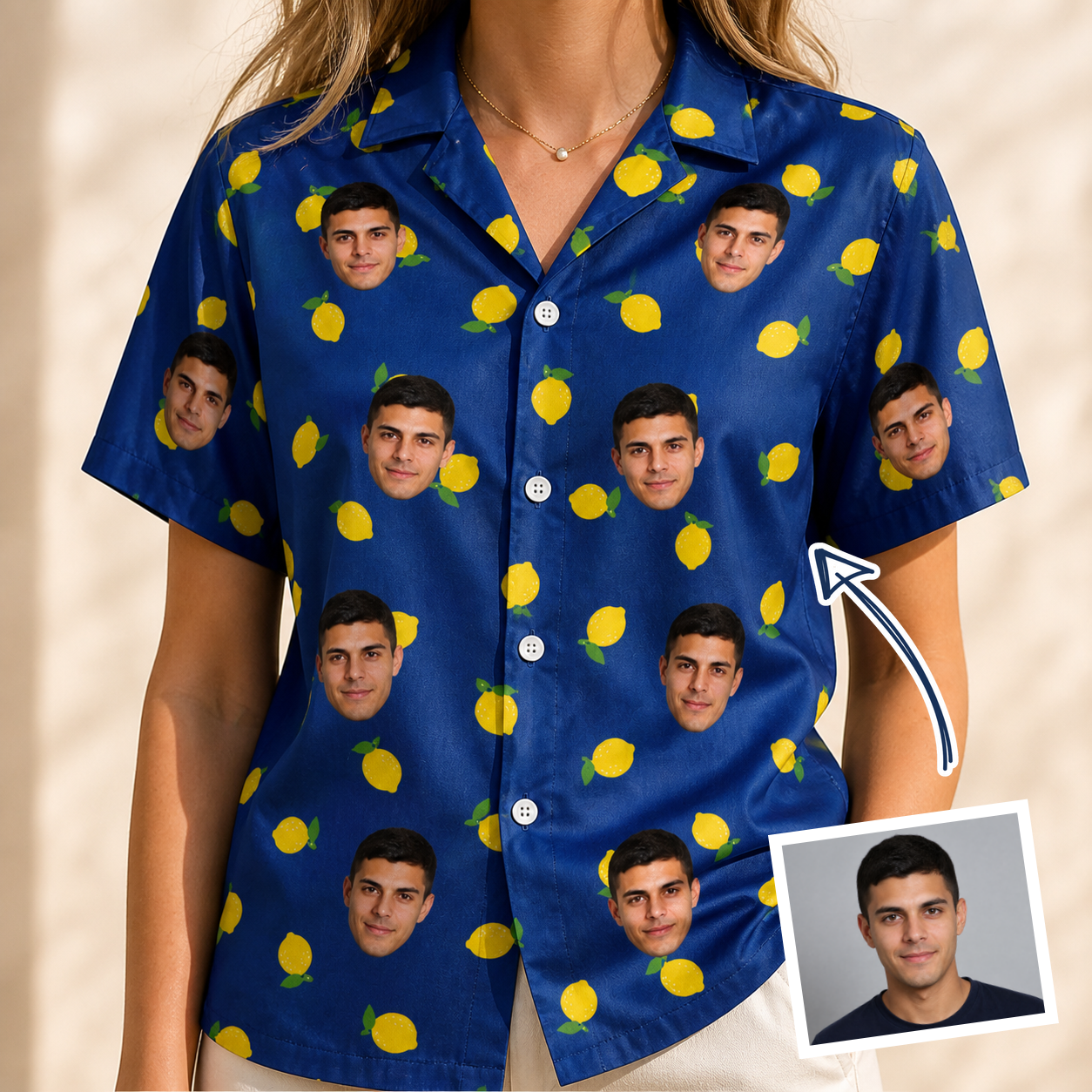 Woman wearing Women's Lemon Lilt Custom Face Hawaiian Shirt — custom faces printed all-over
