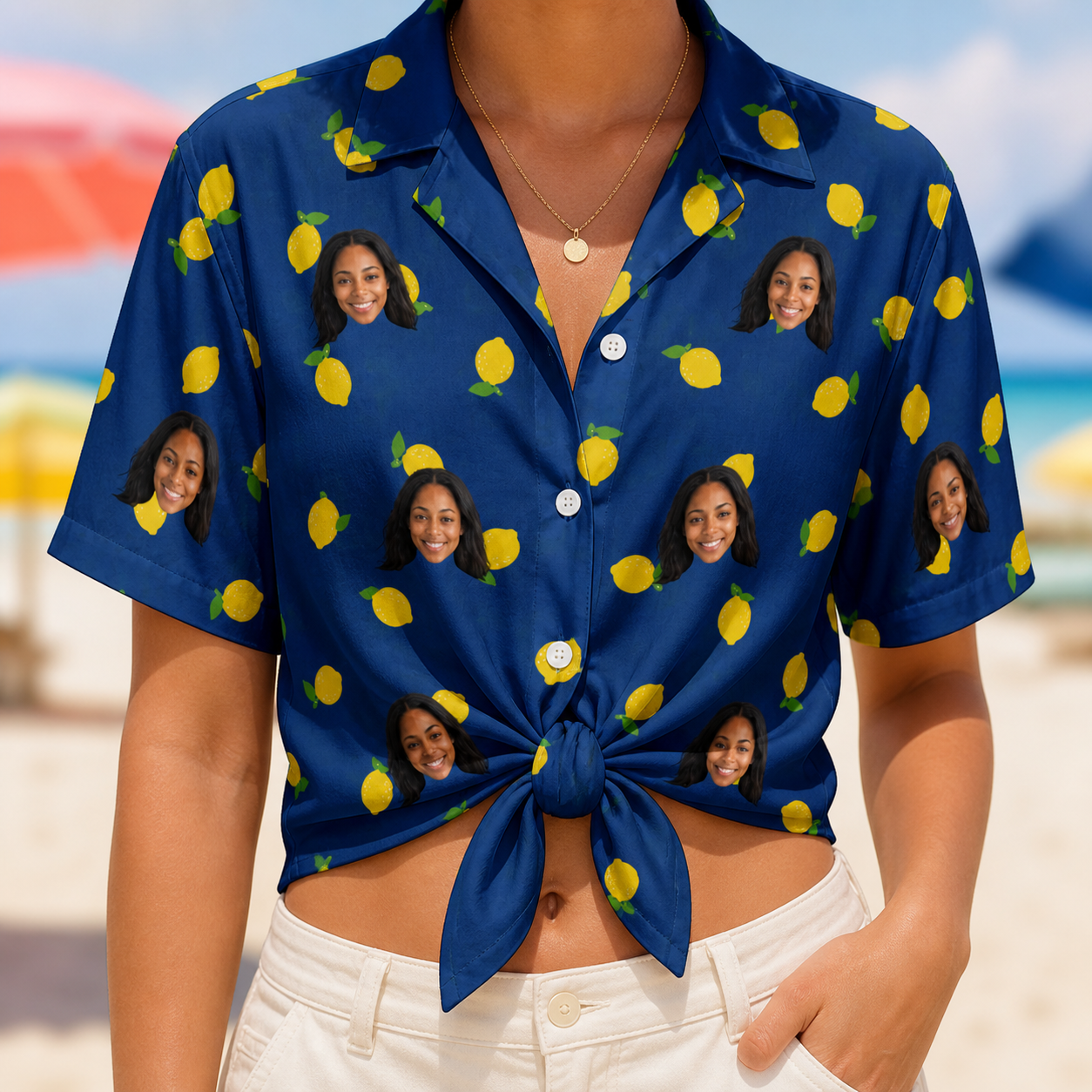 Woman wearing Women's Lemon Lilt Custom Face Hawaiian Shirt tied at the waist