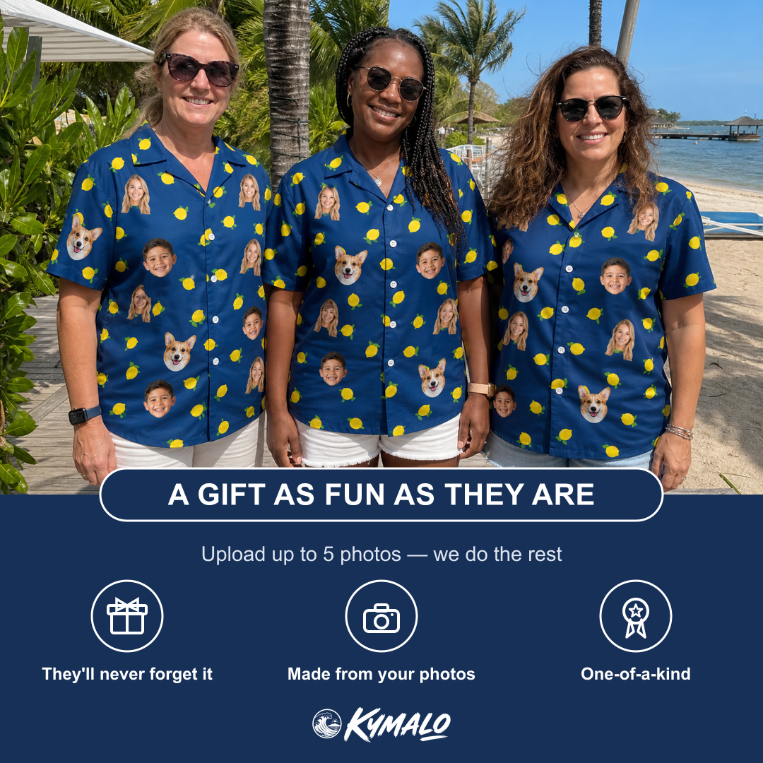 Friends in matching Women's Lemon Lilt Custom Face Hawaiian Shirt — a group gift photo