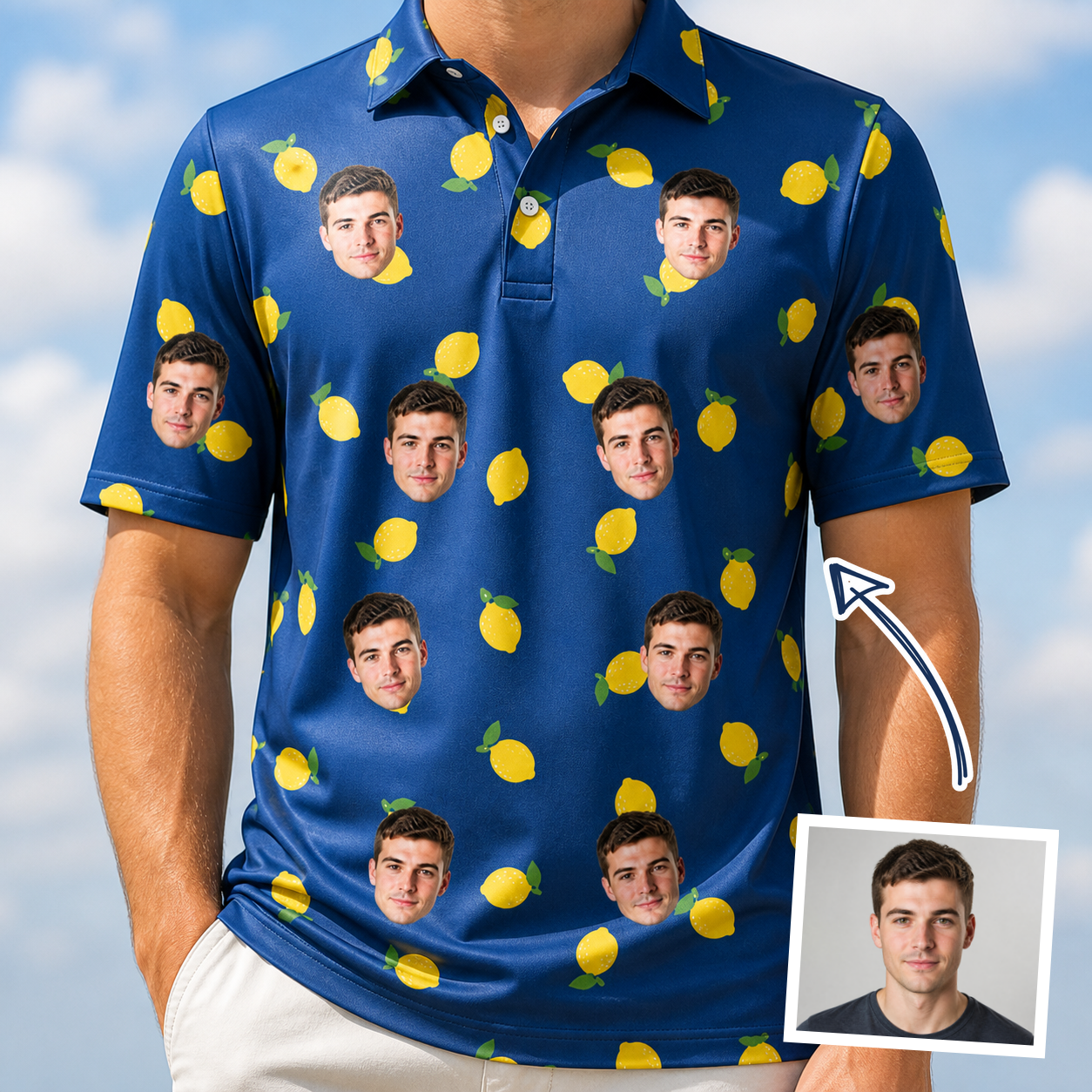 Man wearing Men's Lemon Lilt Custom Face Polo Shirt — custom faces printed all-over