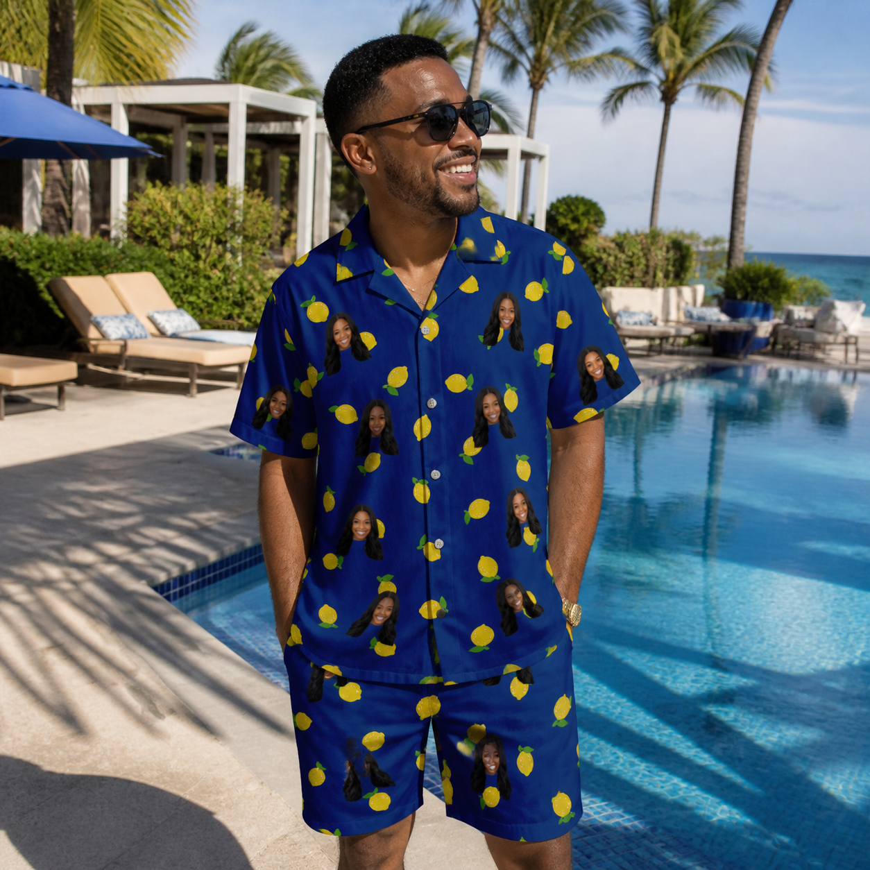 Real-life photo of someone wearing Men's Lemon Lilt Custom Face Shirt & Shorts Set — custom faces printed all-over