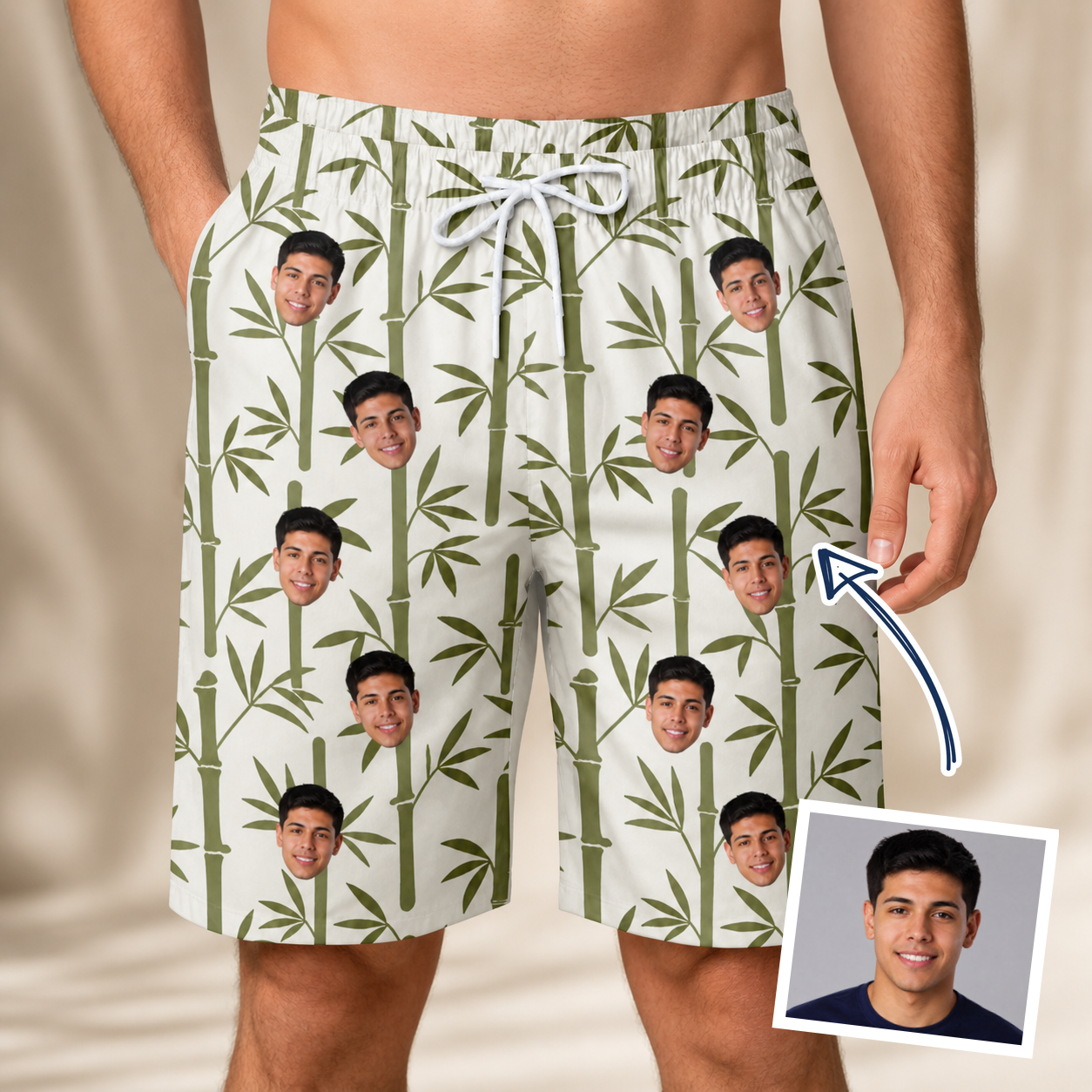 Man wearing Men's Reed Revival Custom Face Beach Shorts — custom faces printed all-over