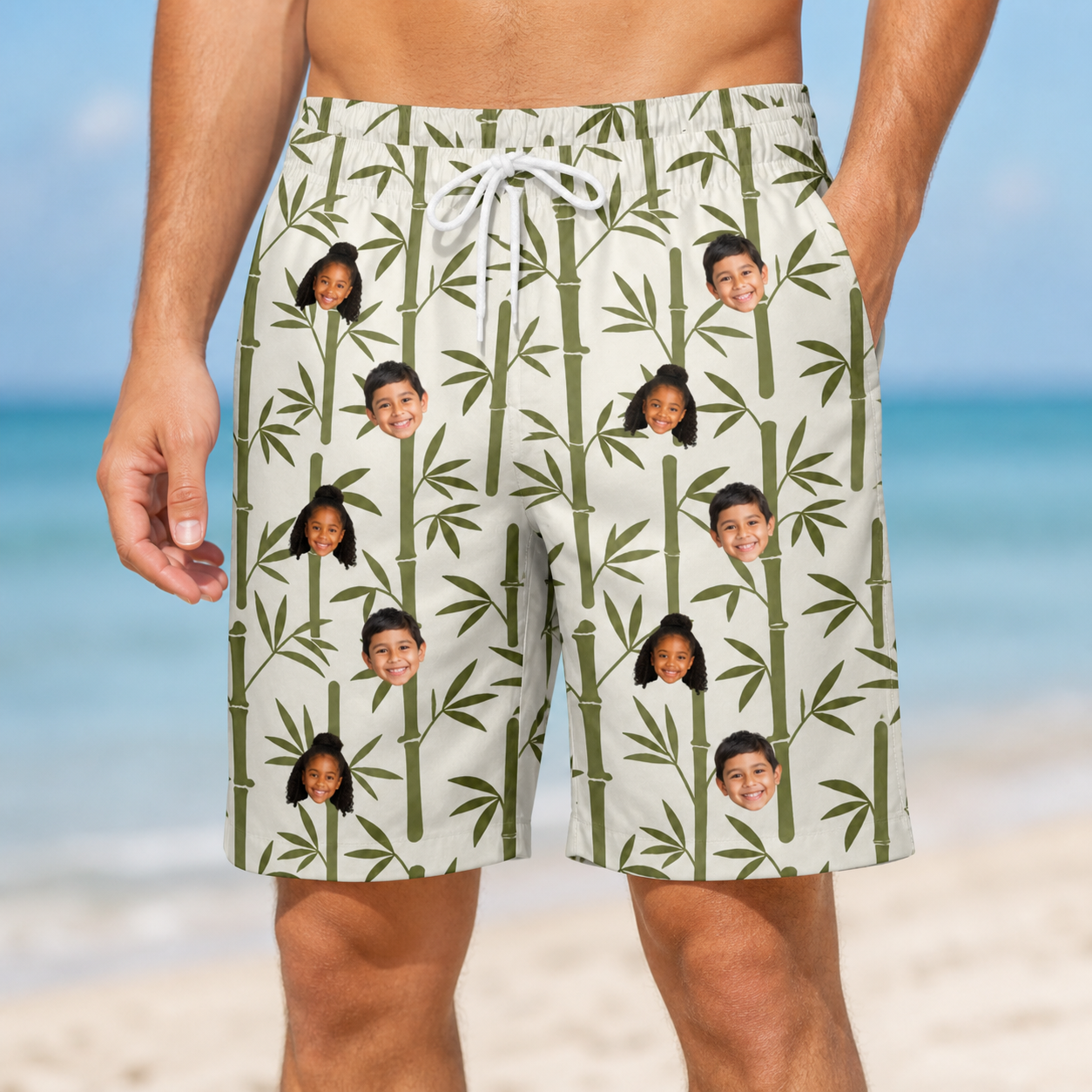 Model wearing Men's Reed Revival Custom Face Beach Shorts printed with kids' faces