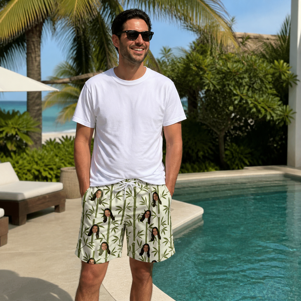 Real-life photo of someone wearing Men's Reed Revival Custom Face Beach Shorts — custom faces printed all-over