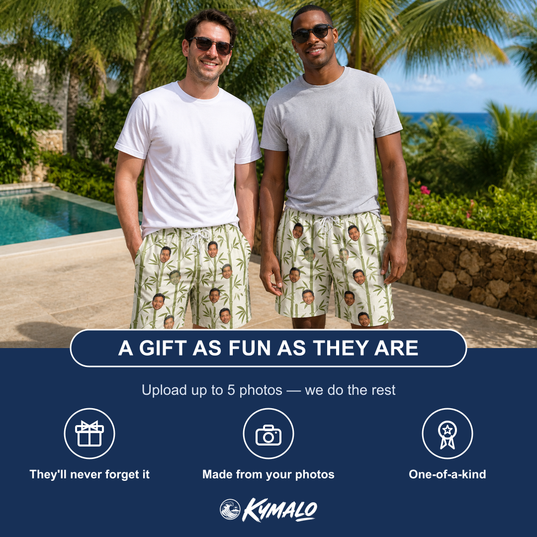 Friends in matching Men's Reed Revival Custom Face Beach Shorts — a group gift photo