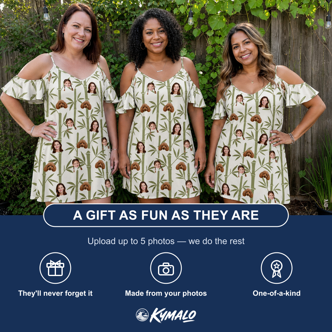 Friends in matching Women's Reed Revival Custom Face Off-Shoulder Dress — a group gift photo