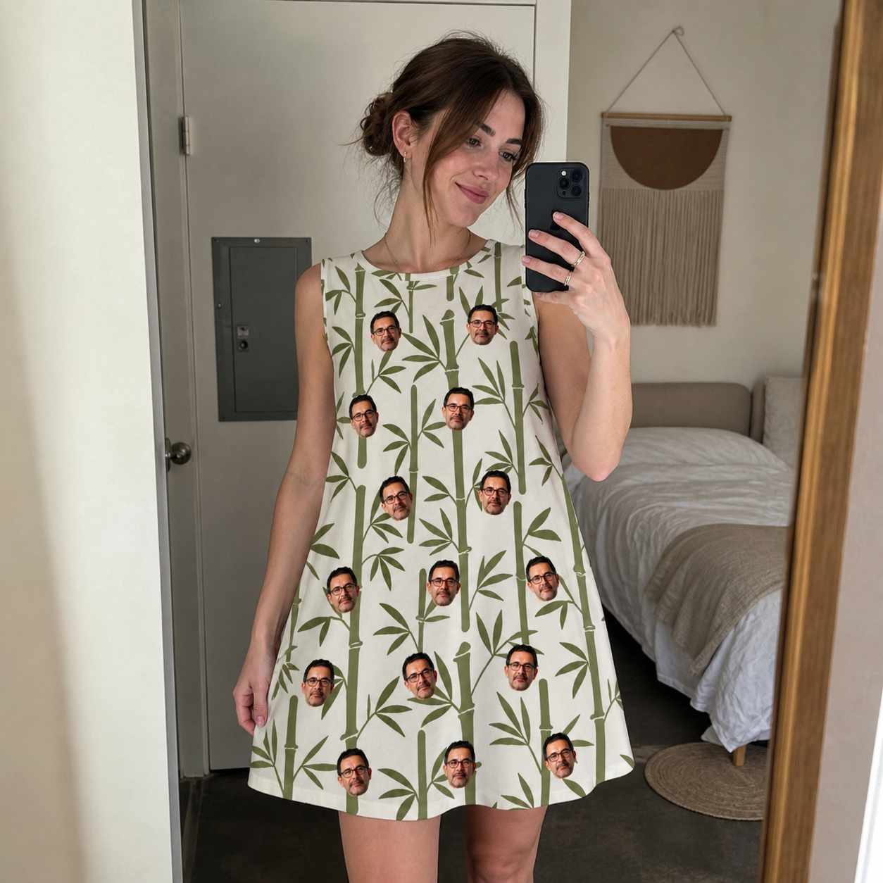 Real-life photo of someone wearing Women's Reed Revival Custom Face Tank Dress — custom faces printed all-over