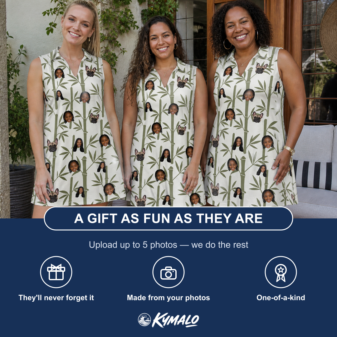Friends in matching Women's Reed Revival Custom Face V-Neck Dress — a group gift photo