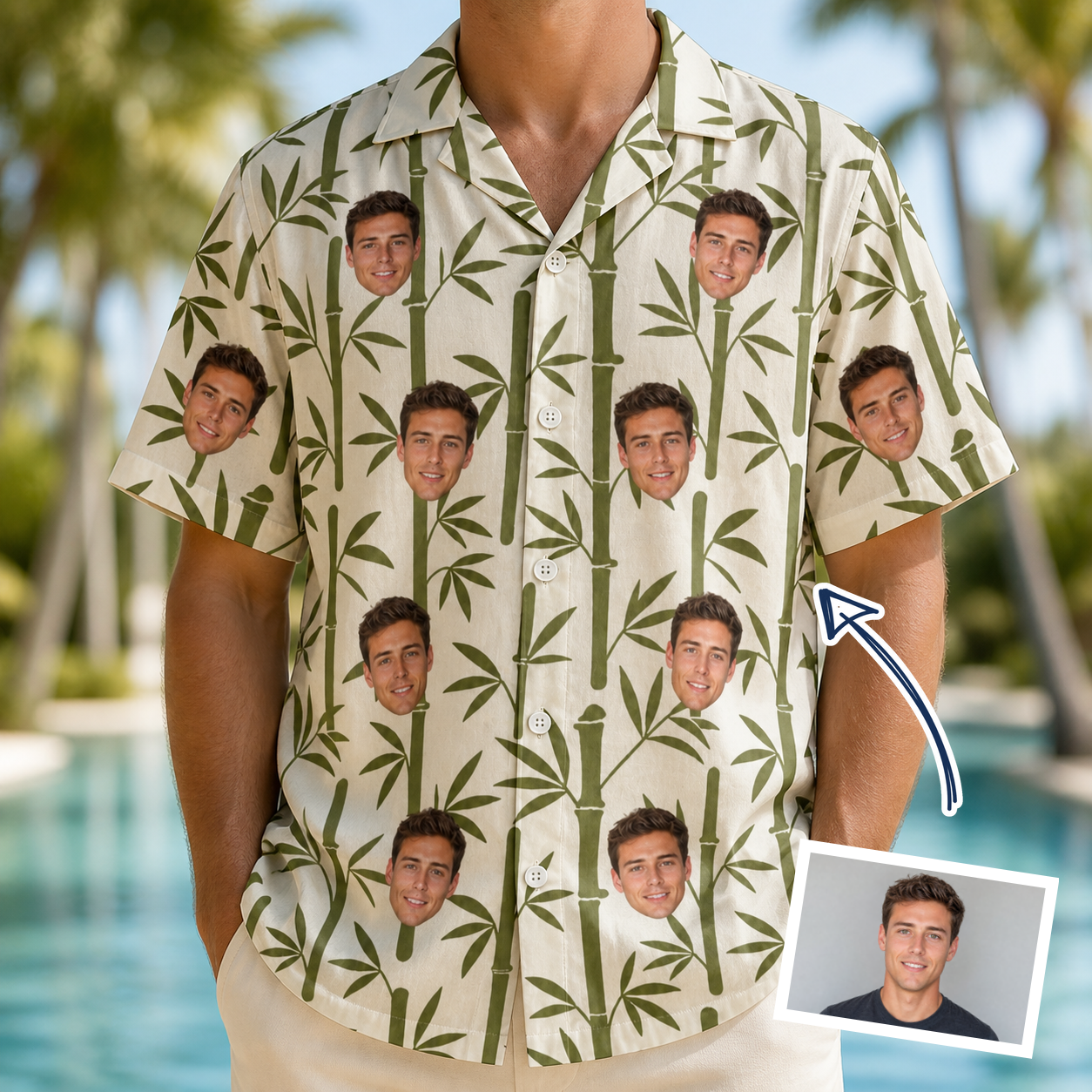 Man wearing Men's Reed Revival Custom Face Hawaiian Shirt — custom faces printed all-over