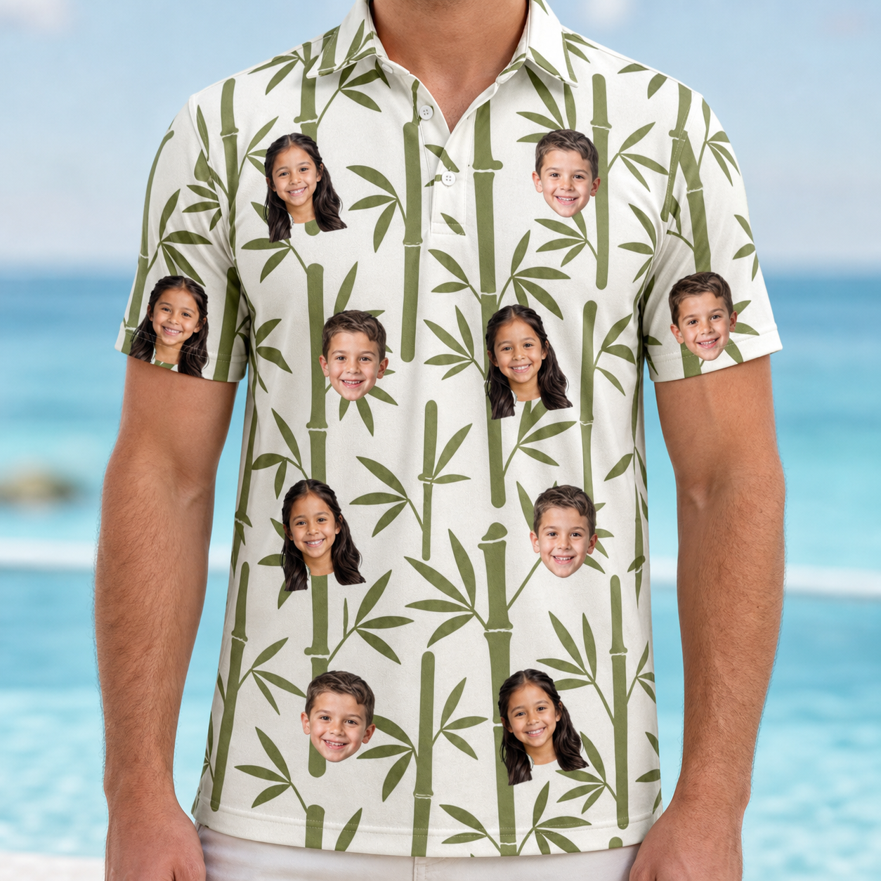 Model wearing Men's Reed Revival Custom Face Polo Shirt printed with kids' faces