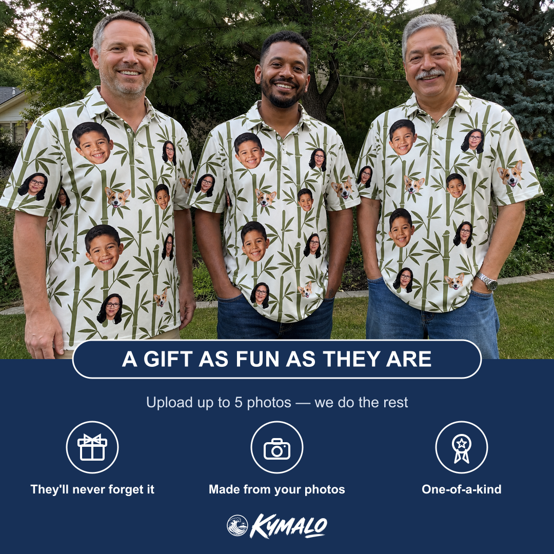 Friends in matching Men's Reed Revival Custom Face Polo Shirt — a group gift photo