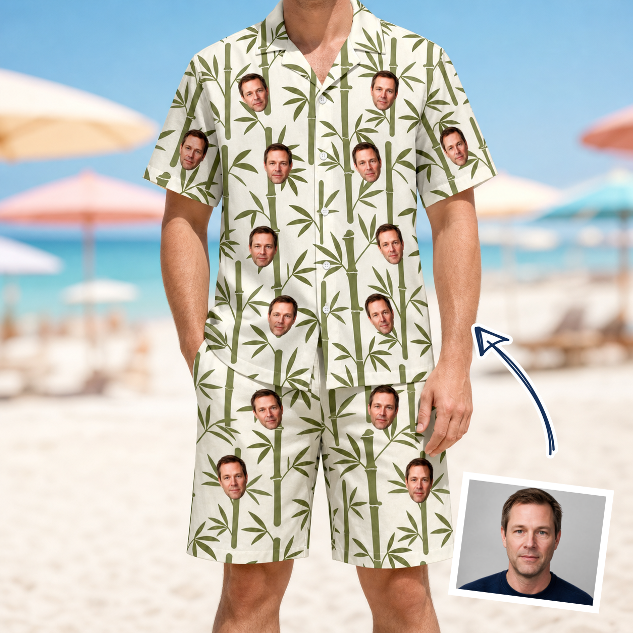 Man wearing Men's Reed Revival Custom Face Shirt & Shorts Set — custom faces printed all-over