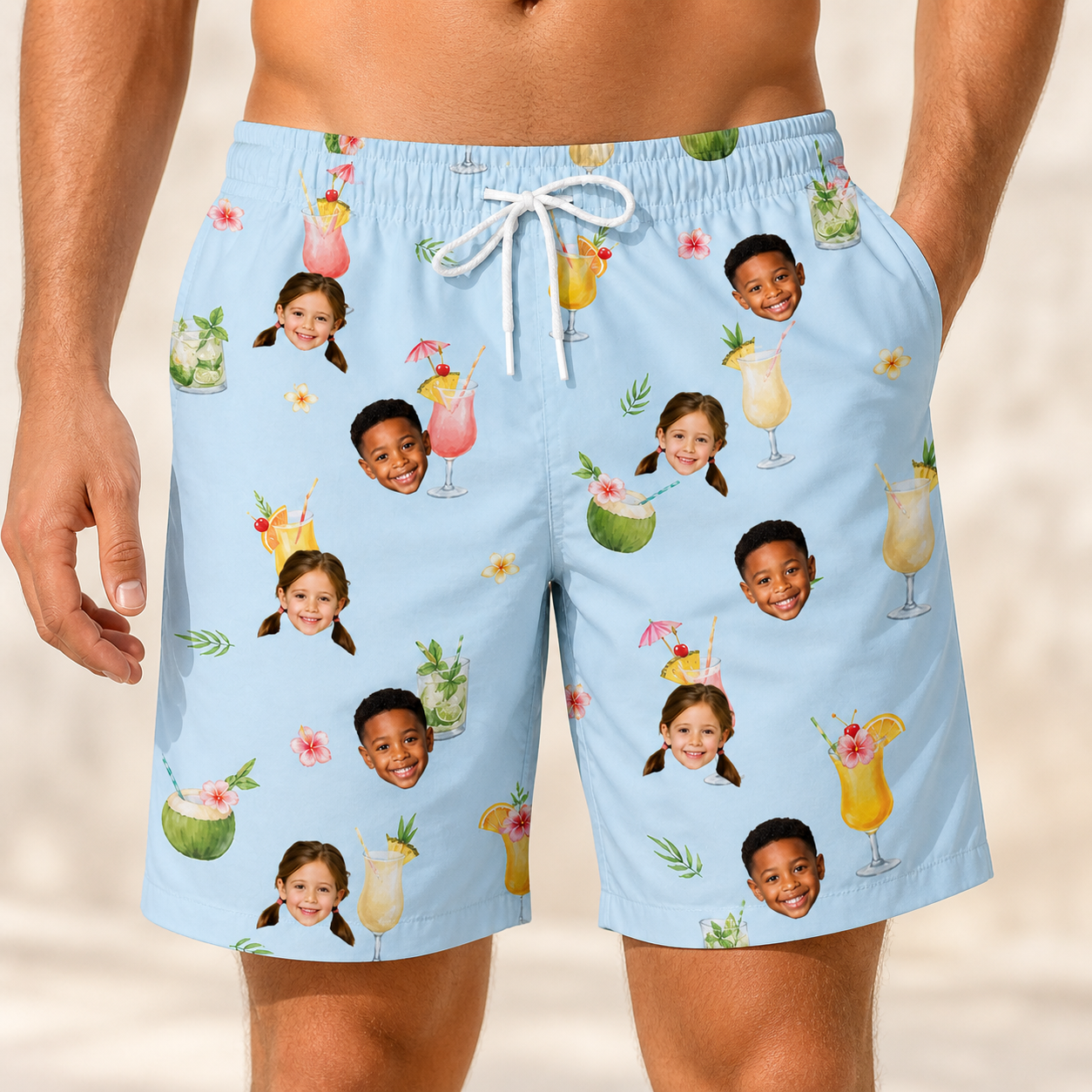 Model wearing Men's Mai Tai Memories Custom Face Beach Shorts printed with kids' faces
