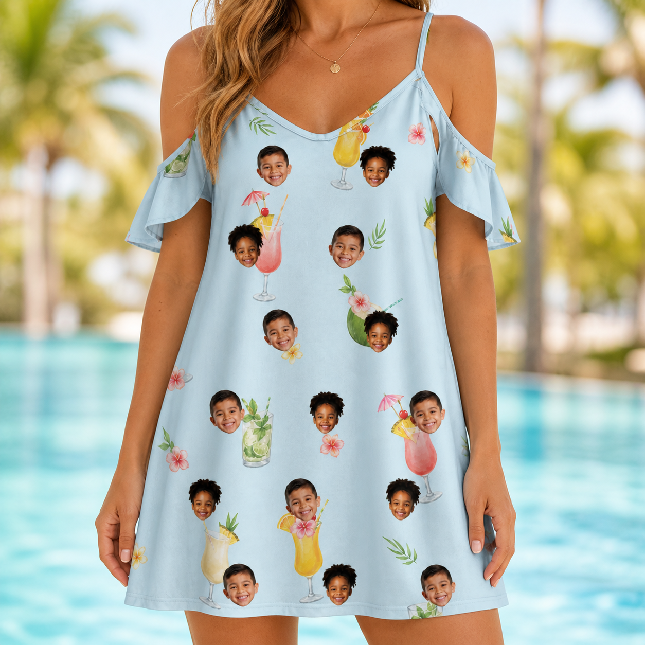 Model wearing Women's Mai Tai Memories Custom Face Off-Shoulder Dress printed with kids' faces
