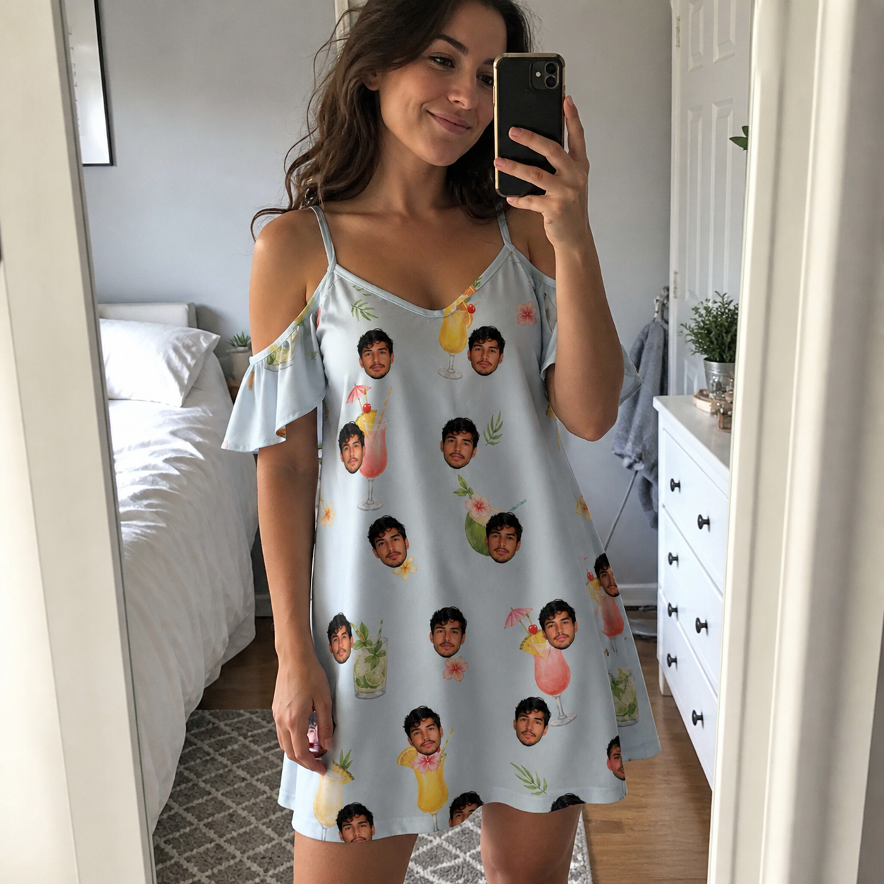 Real-life photo of someone wearing Women's Mai Tai Memories Custom Face Off-Shoulder Dress — custom faces printed all-over