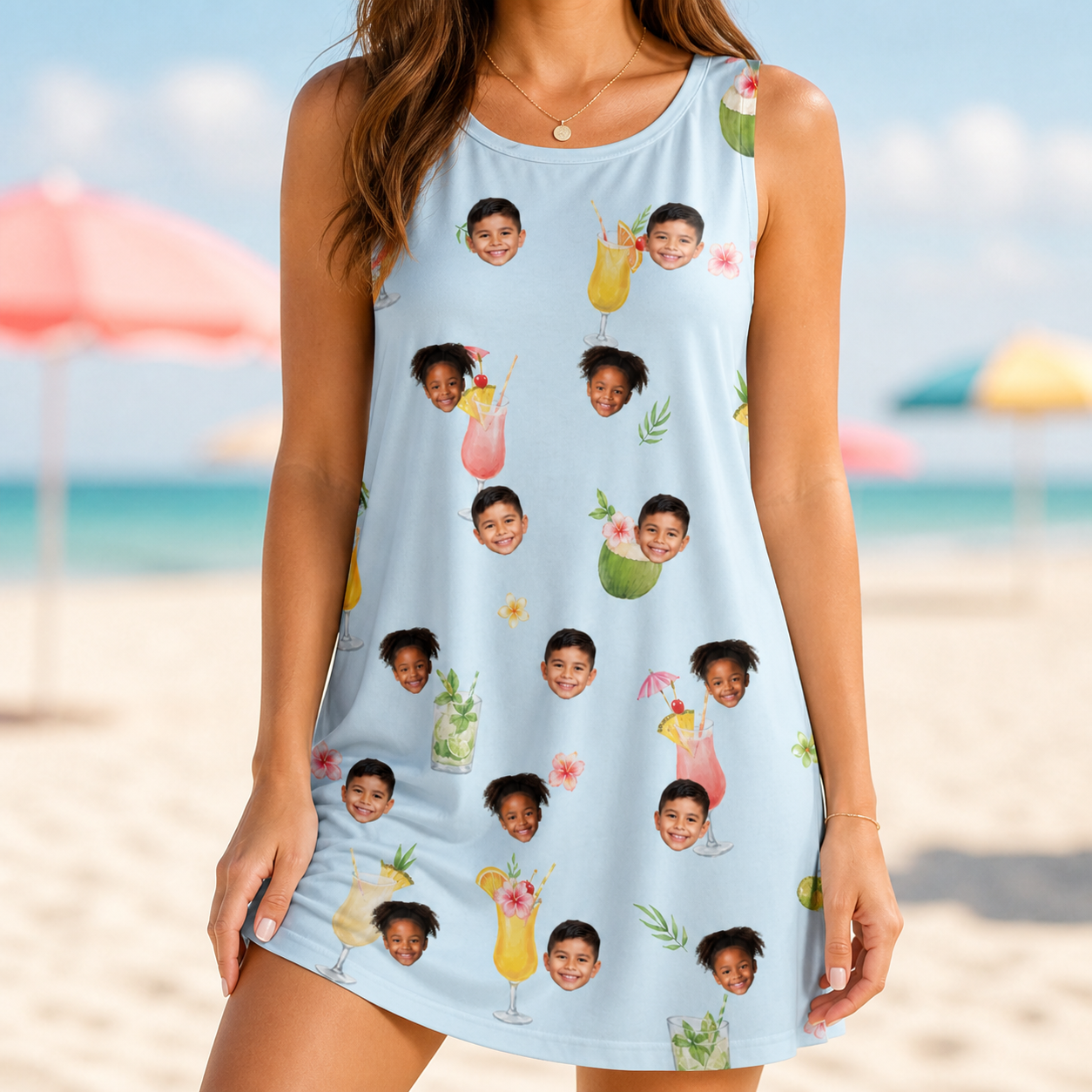 Model wearing Women's Mai Tai Memories Custom Face Tank Dress printed with kids' faces