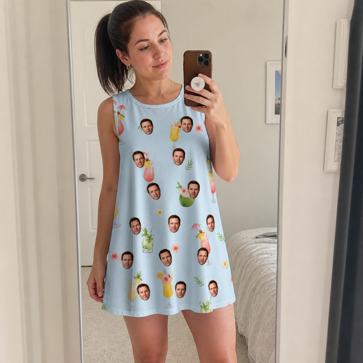 Real-life photo of someone wearing Women's Mai Tai Memories Custom Face Tank Dress — custom faces printed all-over
