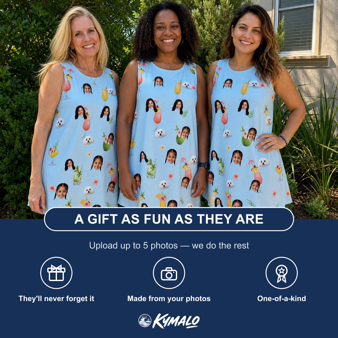 Friends in matching Women's Mai Tai Memories Custom Face Tank Dress — a group gift photo