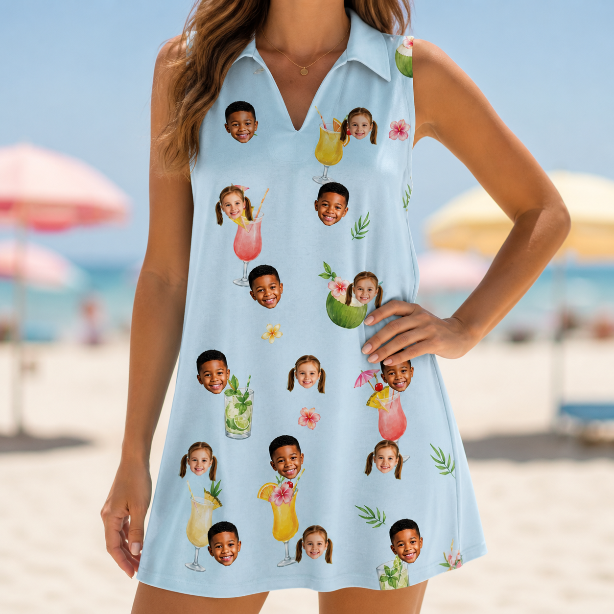 Model wearing Women's Mai Tai Memories Custom Face V-Neck Dress printed with kids' faces