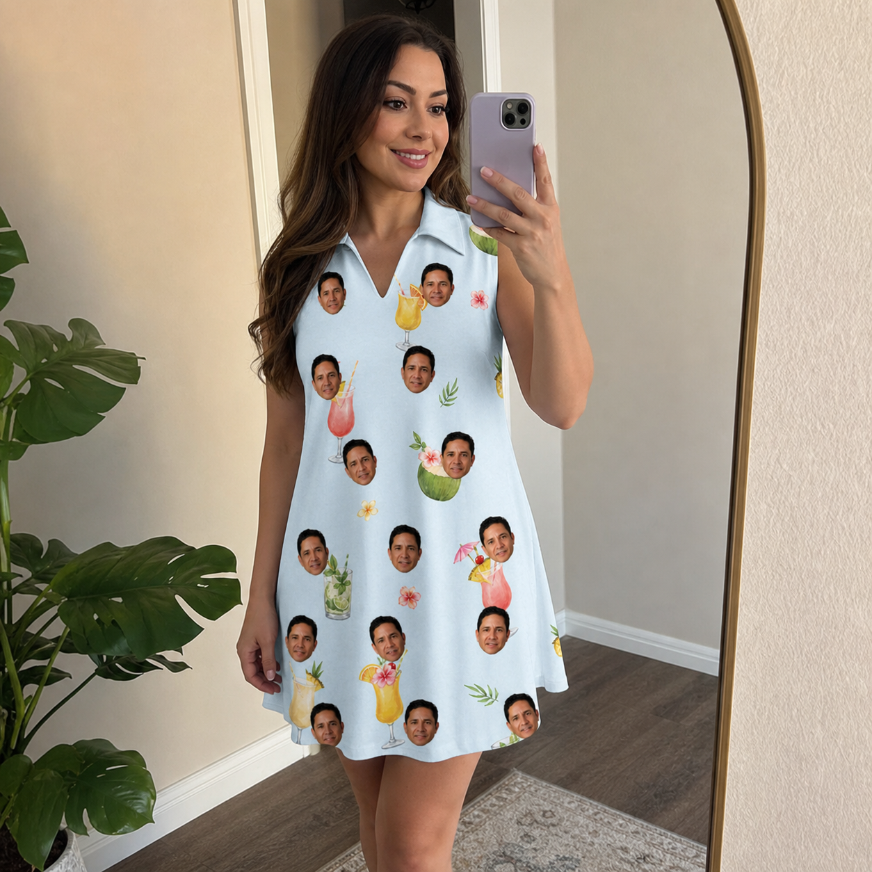 Real-life photo of someone wearing Women's Mai Tai Memories Custom Face V-Neck Dress — custom faces printed all-over