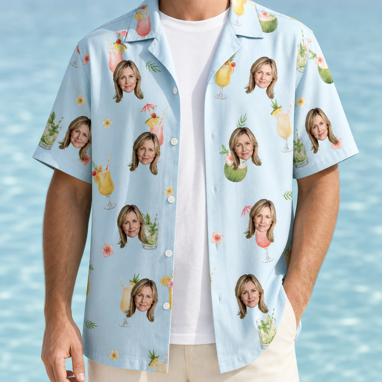 Man wearing Men's Mai Tai Memories Custom Face Hawaiian Shirt open over a white tee