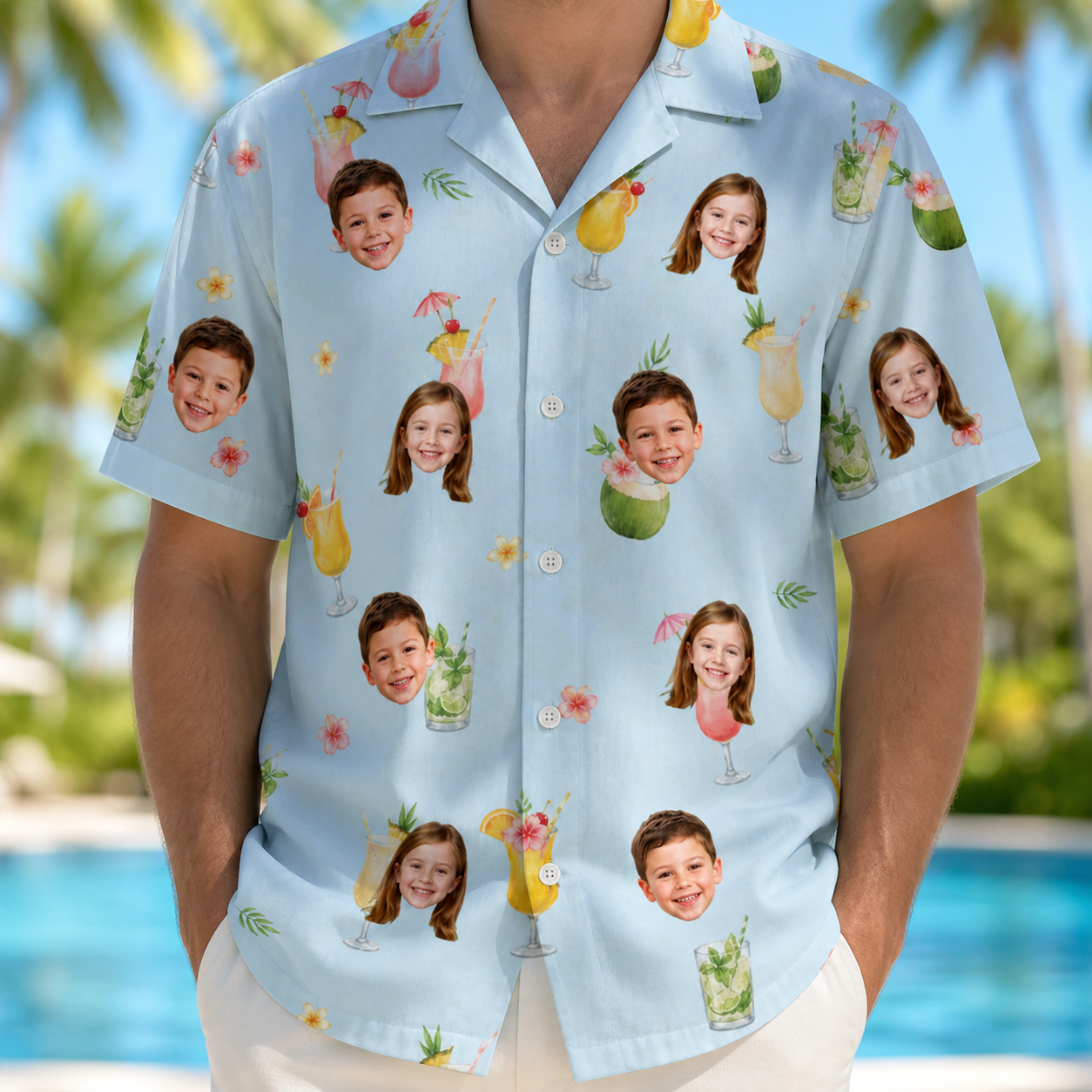 Model wearing Men's Mai Tai Memories Custom Face Hawaiian Shirt printed with kids' faces