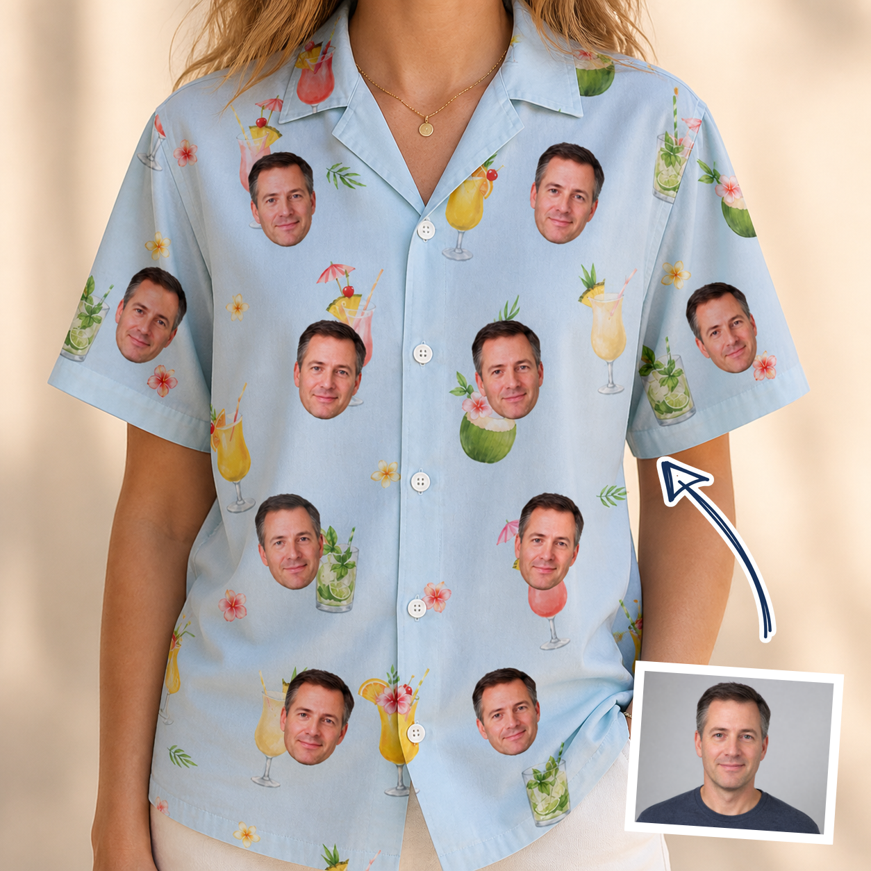 Woman wearing Women's Mai Tai Memories Custom Face Hawaiian Shirt — custom faces printed all-over