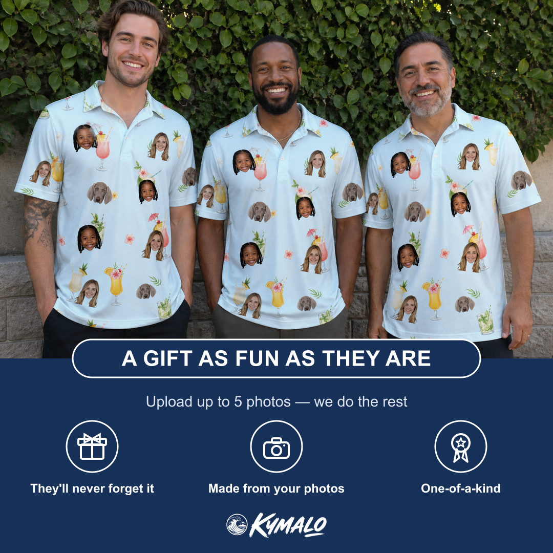 Friends in matching Men's Mai Tai Memories Custom Face Polo Shirt — a group gift photo