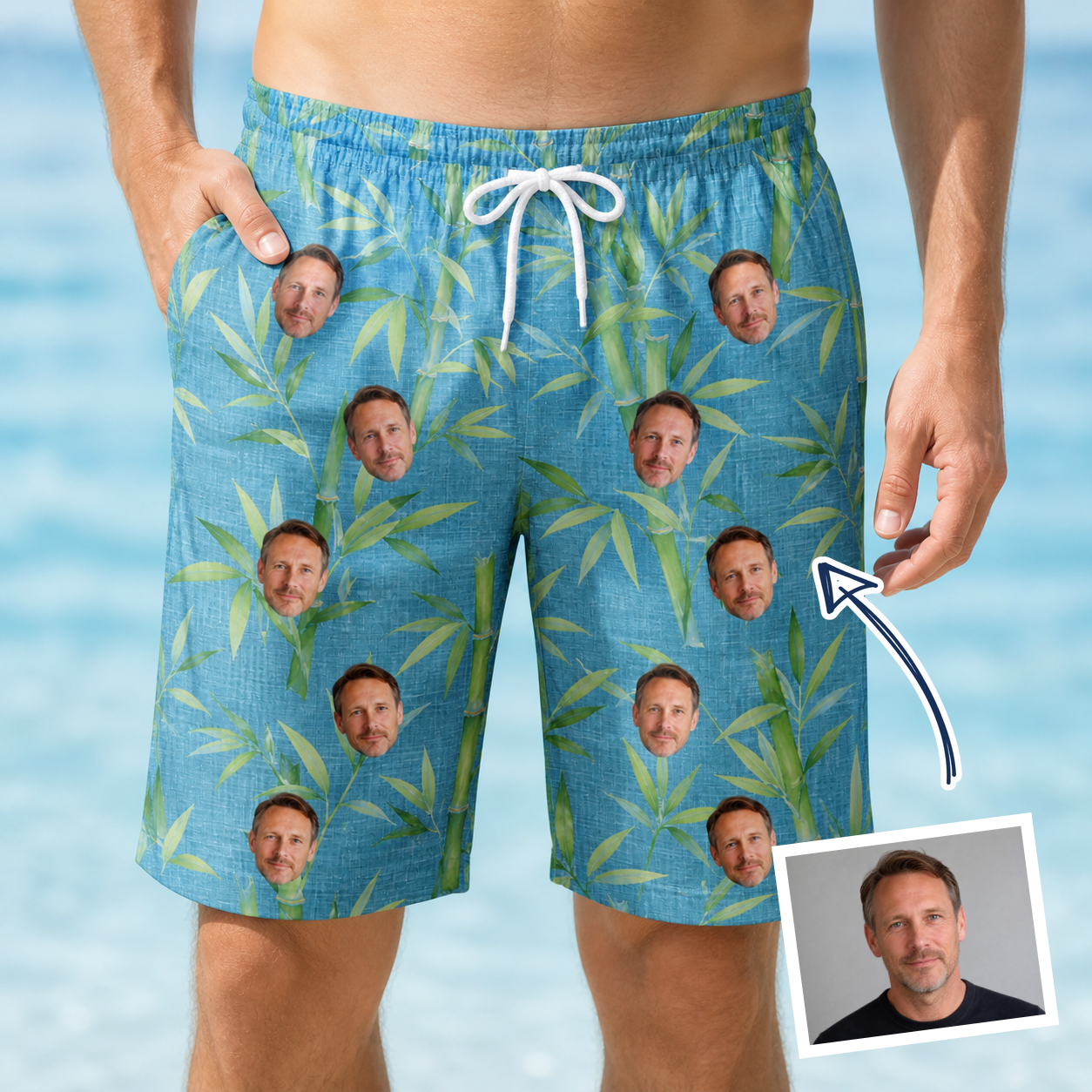 Man wearing Men's Cane Cabaret Custom Face Beach Shorts — custom faces printed all-over