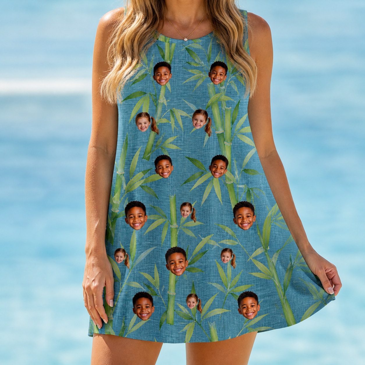 Model wearing Women's Cane Cabaret Custom Face Tank Dress printed with kids' faces