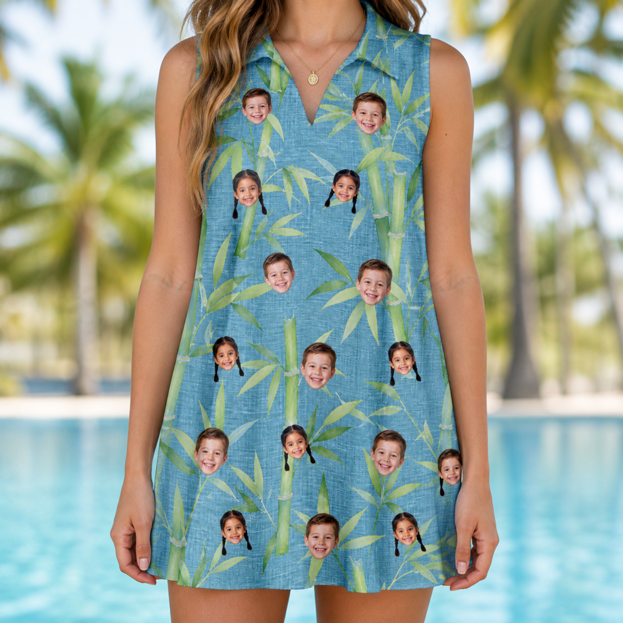 Model wearing Women's Cane Cabaret Custom Face V-Neck Dress printed with kids' faces
