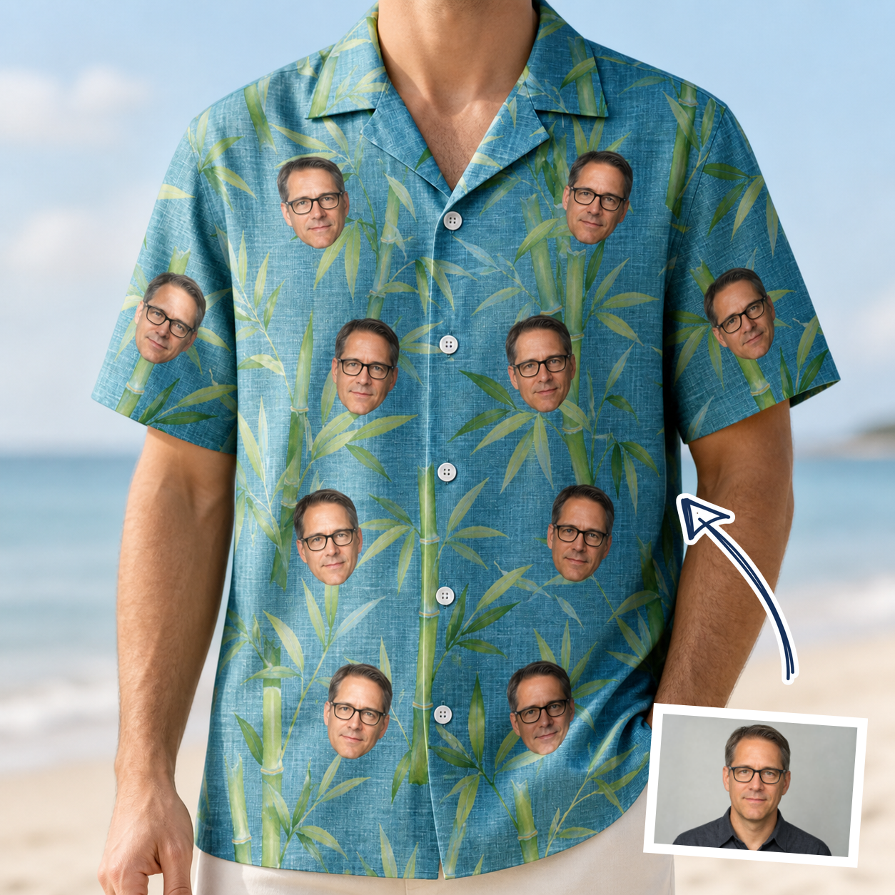 Man wearing Men's Cane Cabaret Custom Face Hawaiian Shirt — custom faces printed all-over