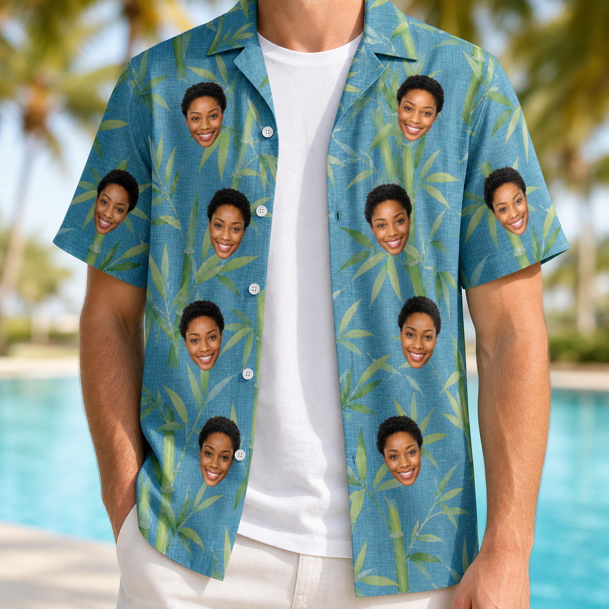 Man wearing Men's Cane Cabaret Custom Face Hawaiian Shirt open over a white tee