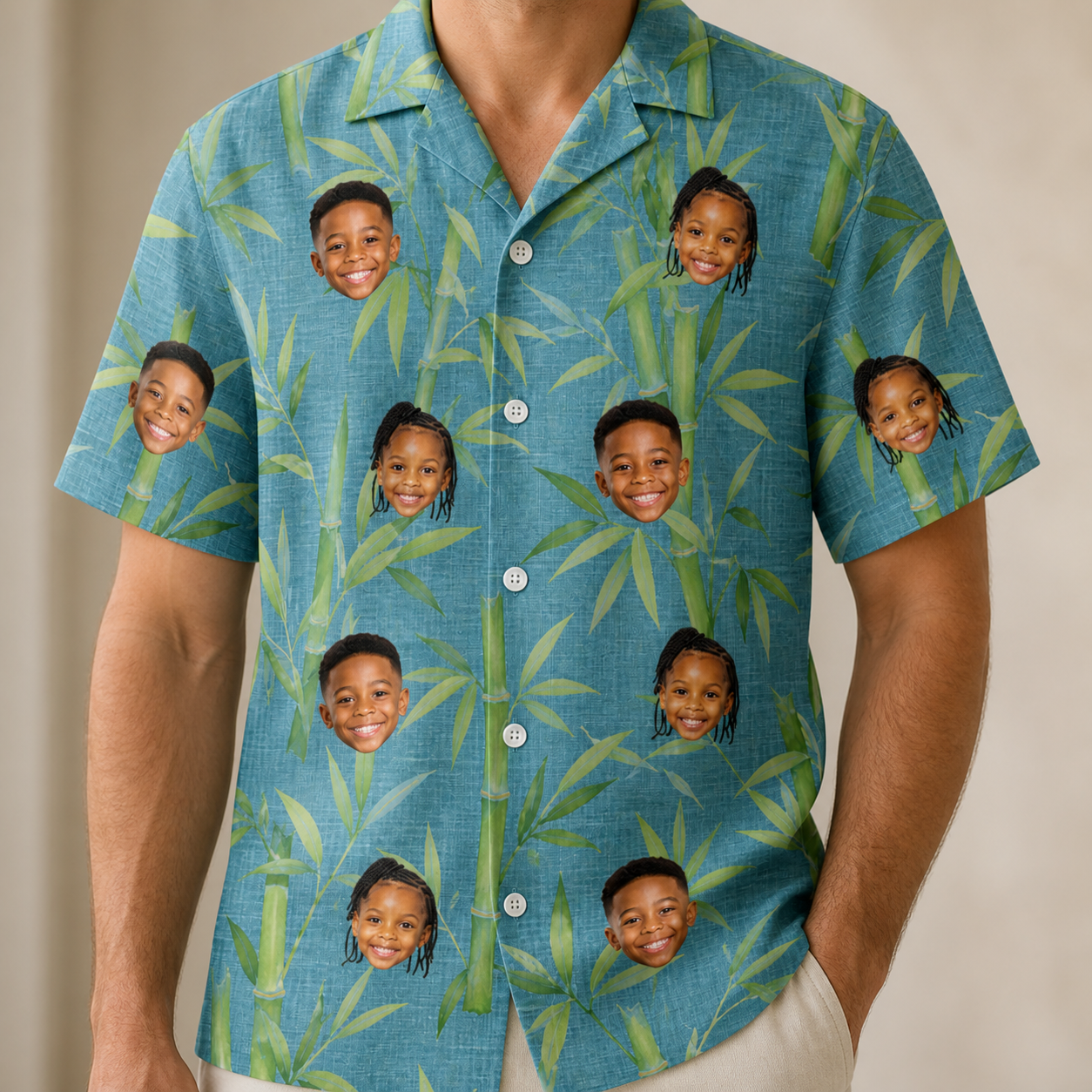 Model wearing Men's Cane Cabaret Custom Face Hawaiian Shirt printed with kids' faces