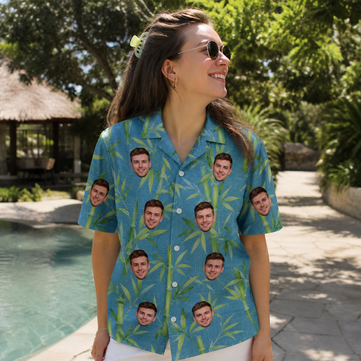 Real-life photo of someone wearing Women's Cane Cabaret Custom Face Hawaiian Shirt — custom faces printed all-over
