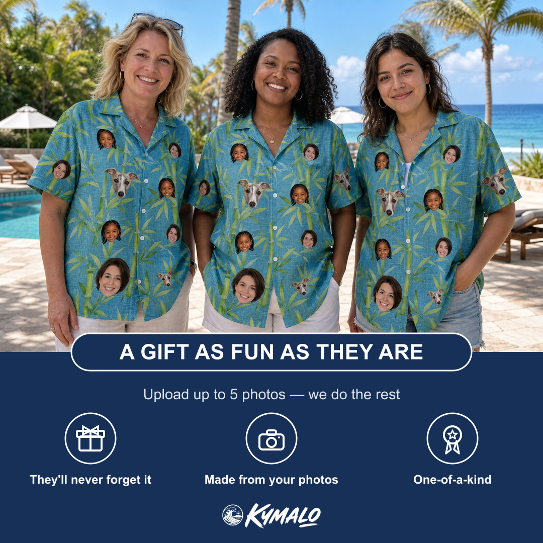 Friends in matching Women's Cane Cabaret Custom Face Hawaiian Shirt — a group gift photo
