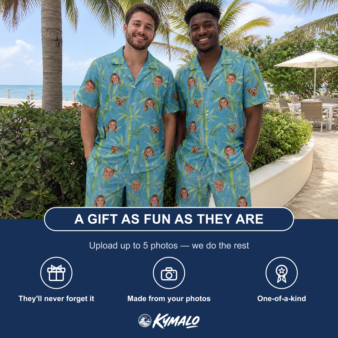 Friends in matching Men's Cane Cabaret Custom Face Shirt & Shorts Set — a group gift photo
