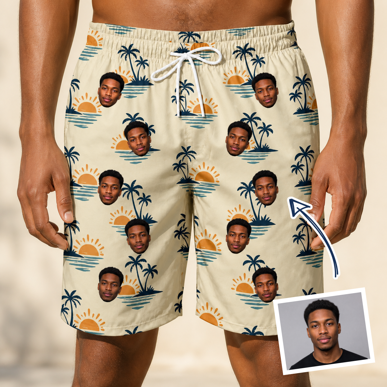 Man wearing Men's Vinyl Vista Custom Face Beach Shorts — custom faces printed all-over